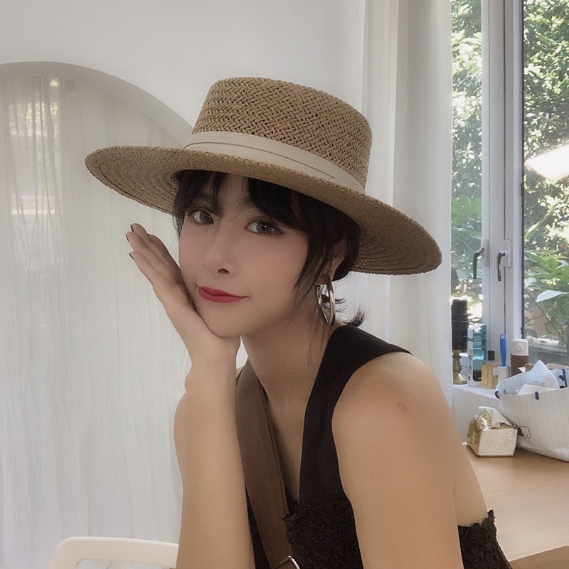 Mũ cói nữ mũ gaucho gắn ruy băng xếp nếp đai trắng đen form cứng hàng QC hot 2022