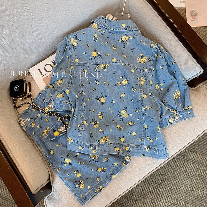 Bộ Áo Ngắn Tay + Chân Váy Denim In Hoa Thời Trang Mùa Hè Phong Cách Mới Cho Nữ