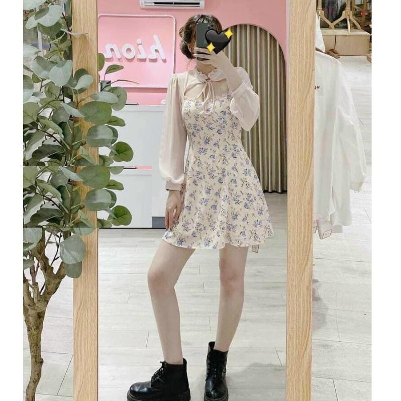 Váy đầm nữ dáng xòe hoa nhí cổ nơ khoét ngực dễ thương | BigBuy360 - bigbuy360.vn