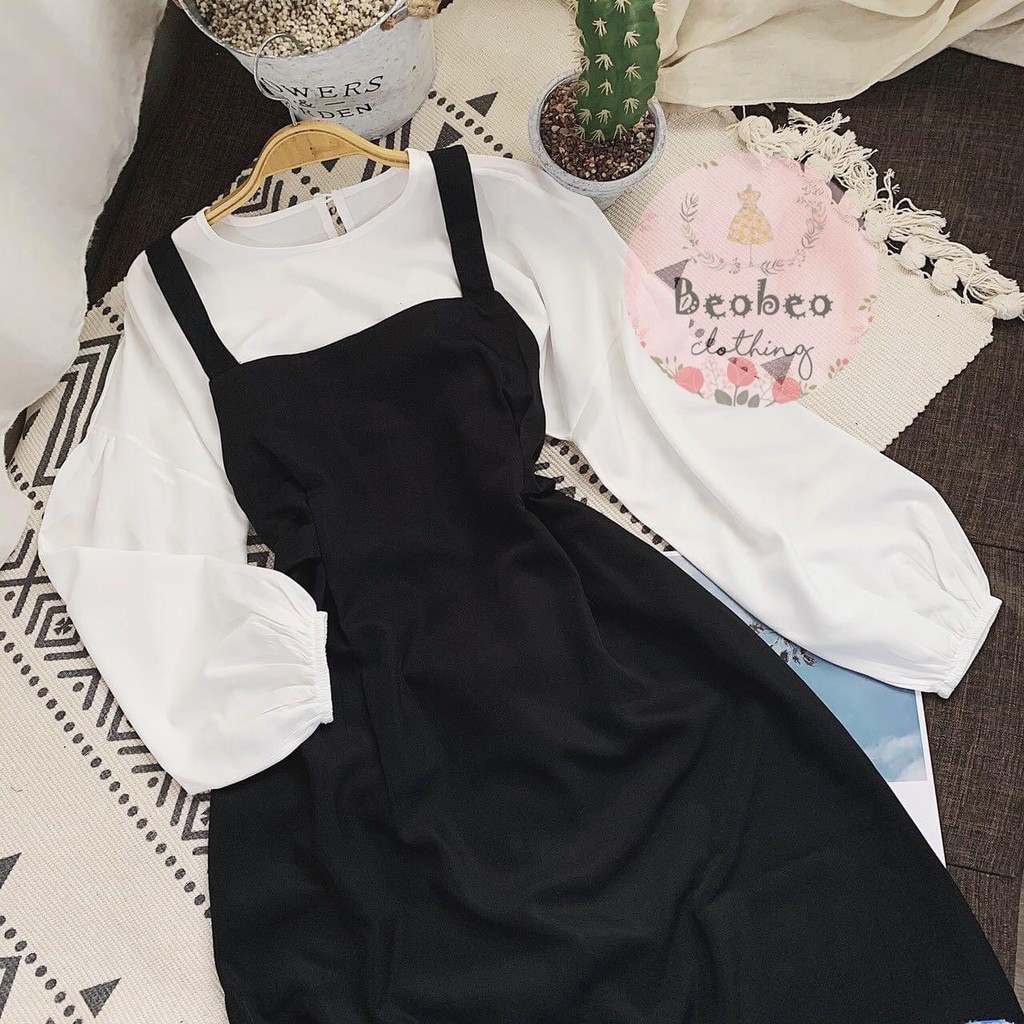 Set áo voan tay bo phồng kèm đầm yếm đen thắt nơ vintage