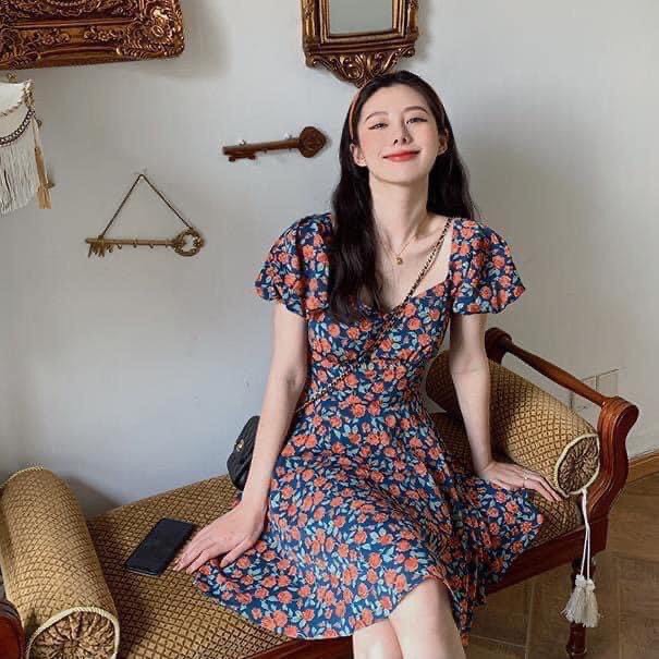 Váy hoa cam cổ tim vuông vintage | BigBuy360 - bigbuy360.vn
