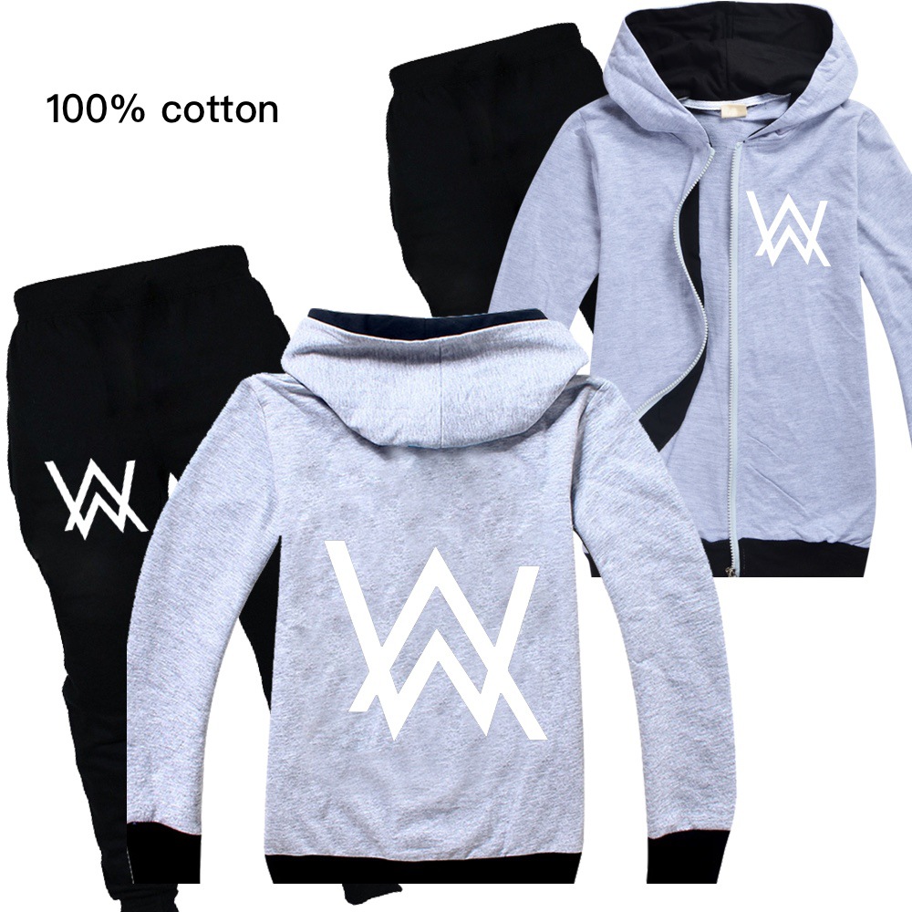 Set Áo Khoác Hoodie Có Khóa Kéo + Quần Dài In Chữ Alan Walker Năng Động Thời Trang Cho Bé