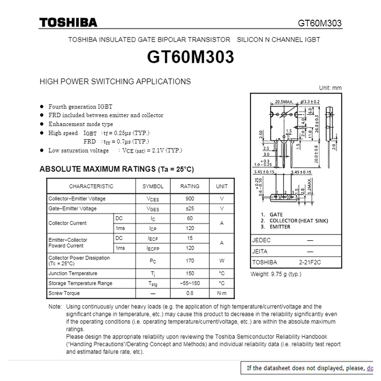 IGBT GT60M303  dùng cho bếp từ,nồi cơm cao tần ,Máy hàn điện tử