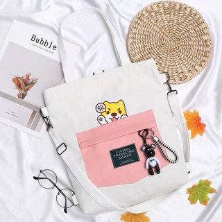 Túi Tote Thời Trang HAZO In Hình Chú Chó Hoạt Hình Cực Xinh ( Trắng )