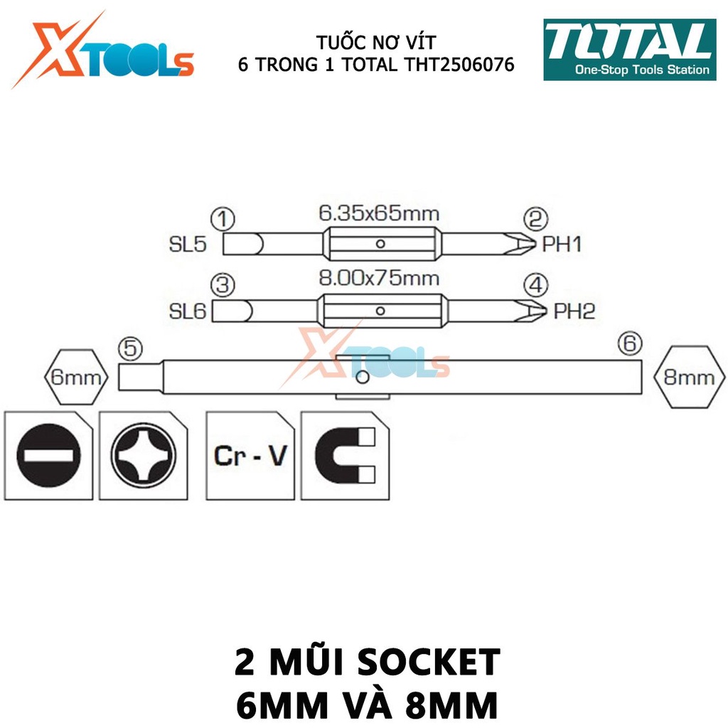 Bộ tuốc nơ vít 6 đầu TOTAL THT2506076 | Bộ tua vít kích thước 4 chi tiết 6.35*65mm, 8.00*75mm [CHÍNH HÃNG] [XTOOLs]