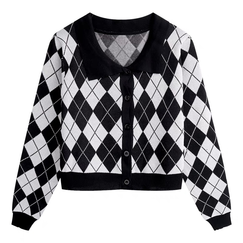 Áo Sweater polo len dài tay, Khoác len cảdigan croptop, cardigan lửng hoạ tiết quả trám caro | BigBuy360 - bigbuy360.vn
