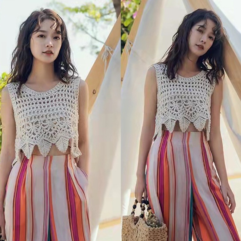 Áo Croptop Dệt Kim Không Tay Họa Tiết Hoa Lá Thiết Kế Khoét Rỗng Thời Trang Đi Biển Cho Nữ