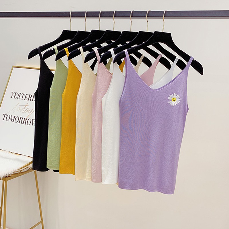 Women Casual Knitted Daisy Embroidery Cami Tops Summer Vest Sleeveless Basic Camisole | BigBuy360 - bigbuy360.vn