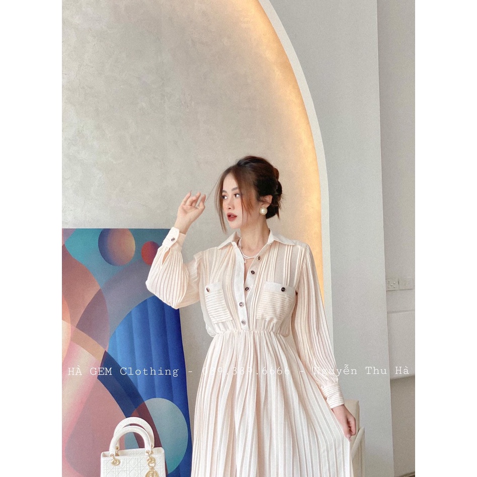 VÁY SƠ MI DÀI TAY DẬP LI CỔ ĐỨC SIÊU XINH