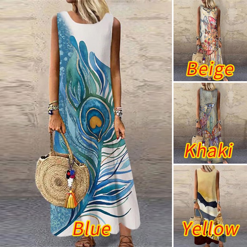 Đầm maxi Zanzea sát nách cổ tròn họa tiết bướm thời trang cho nữ