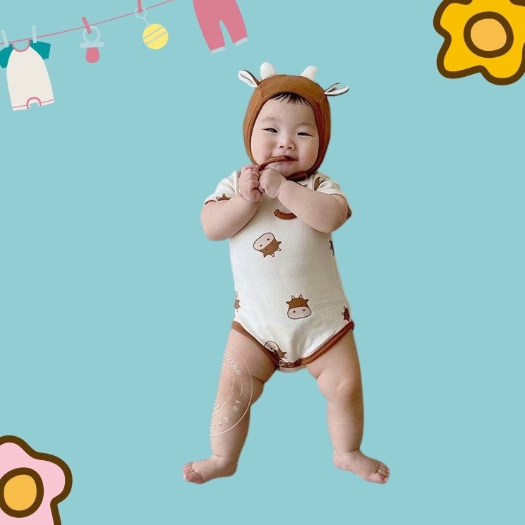 Combo 2 bộ body suit tay cộc hình trâu và hổ ngộ nghĩnh cho bé chất 100% cotton size 3-12kg TE20