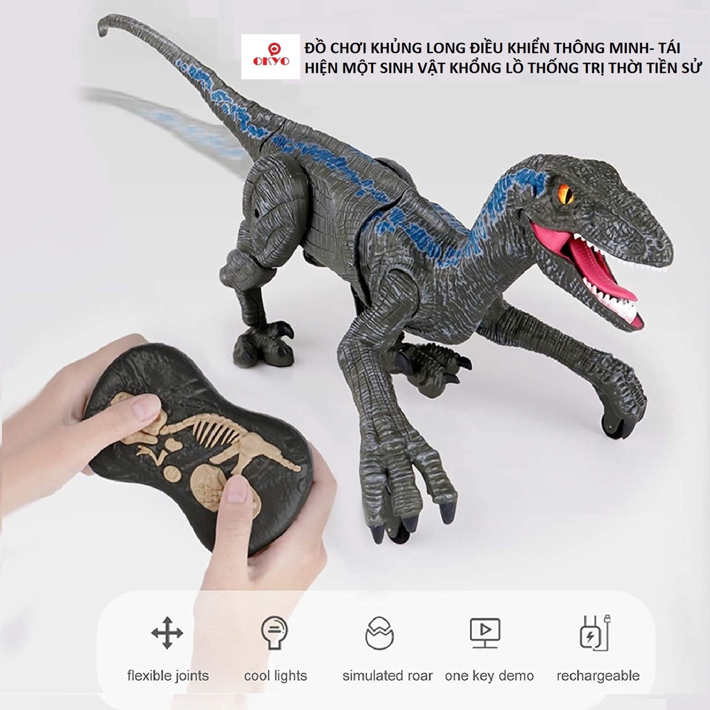 Đồ chơi khủng long điều khiển Velociraptor  cho trẻ em, có sạc pin, tiếng gầm, ánh sáng, di chuyển