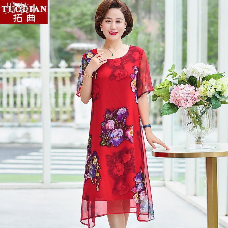 ✿☬Váy hè cho mẹ nữ trung niên dài qua đầu gối, voan ngắn tay phụ và cao tuổi từ 40-50 size