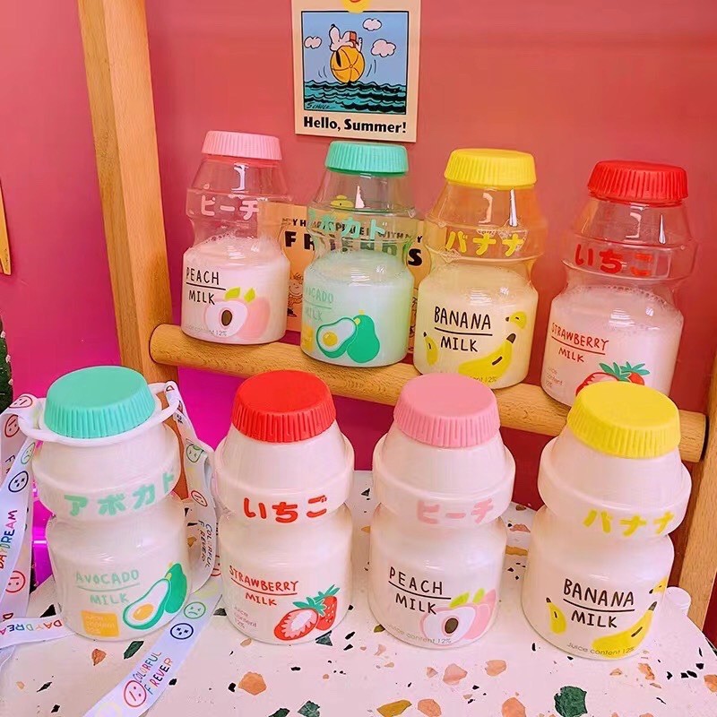 BÌNH NƯỚC NHỰA HÌNH SỮA CHUA YAKULT hoa quả dễ thương dung tích 480Ml🥑🍓🍑🍌