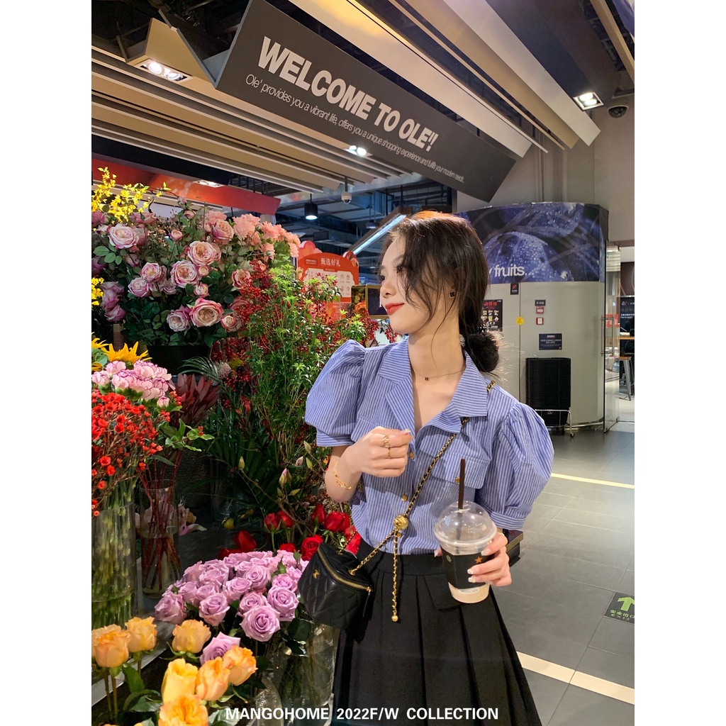 Áo Sơ Mi Kẻ Sọc Tay Ngắn Phồng Phong Cách Pháp Thời Trang Mùa Xuân Dành Cho Nữ 2022