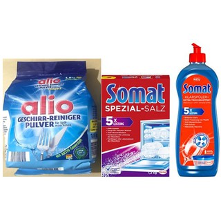 Bột rửa chén Alio 1,8kg+ Muối rửa chén Somat 1,2kg+ Bóng somat 750ml