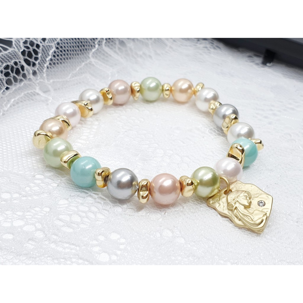 Vòng mân côi handmade Color Faux Pearl đính charm mạ vàng nhập Ý Stainless Steel, trang sức phụ kiện Công Giáo