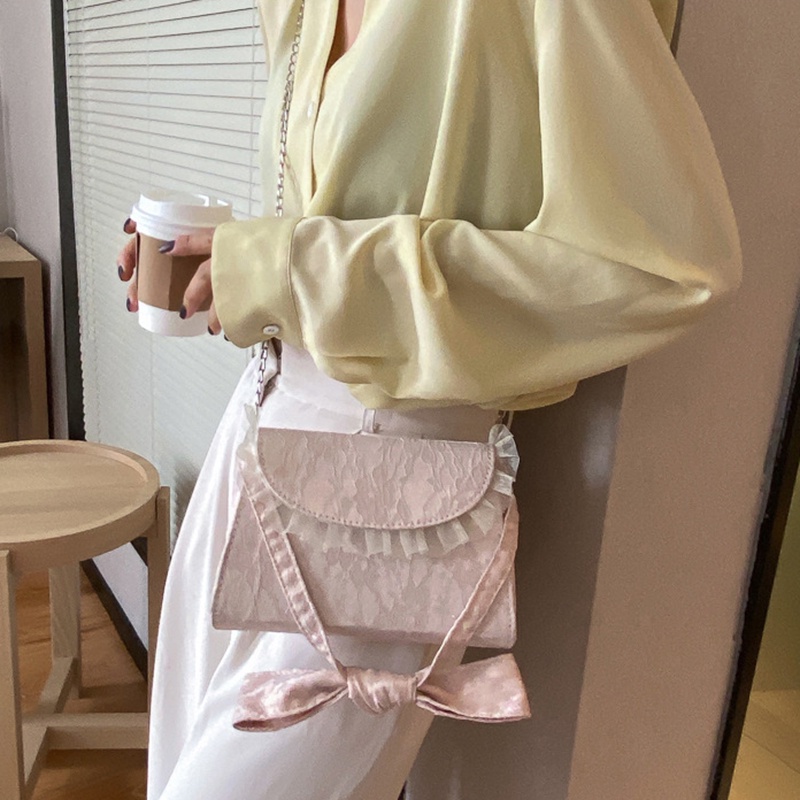 Túi đeo chéo Ielgy thiết kế phối ren thắt nơ phong cách retro xinh xắn cho phái nữ