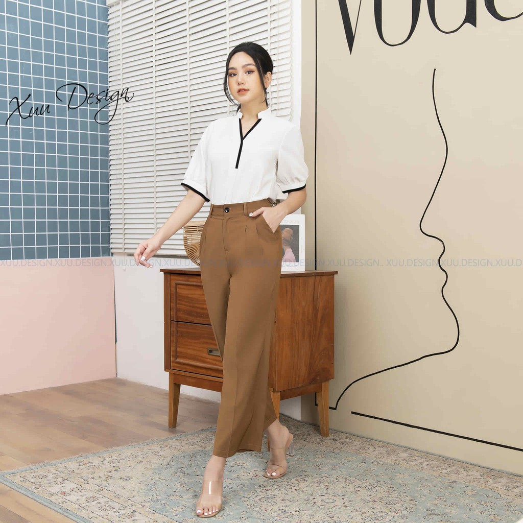 Áo sơ mi nữ công sở vải lụa tay lỡ cổ trụ phối viền đen - XUU DESIGN - SP18
