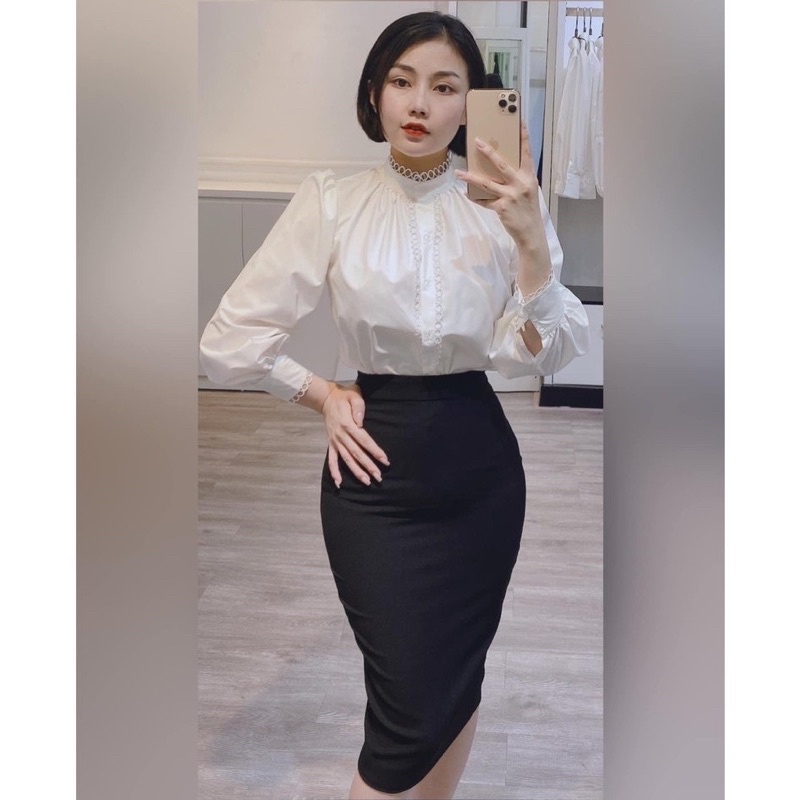 Áo sơ mi cotton trắng nữ HUONG BOUTIQUE sơ mi công sở tay dài phối ren, trẻ trung, hiện đại SM732