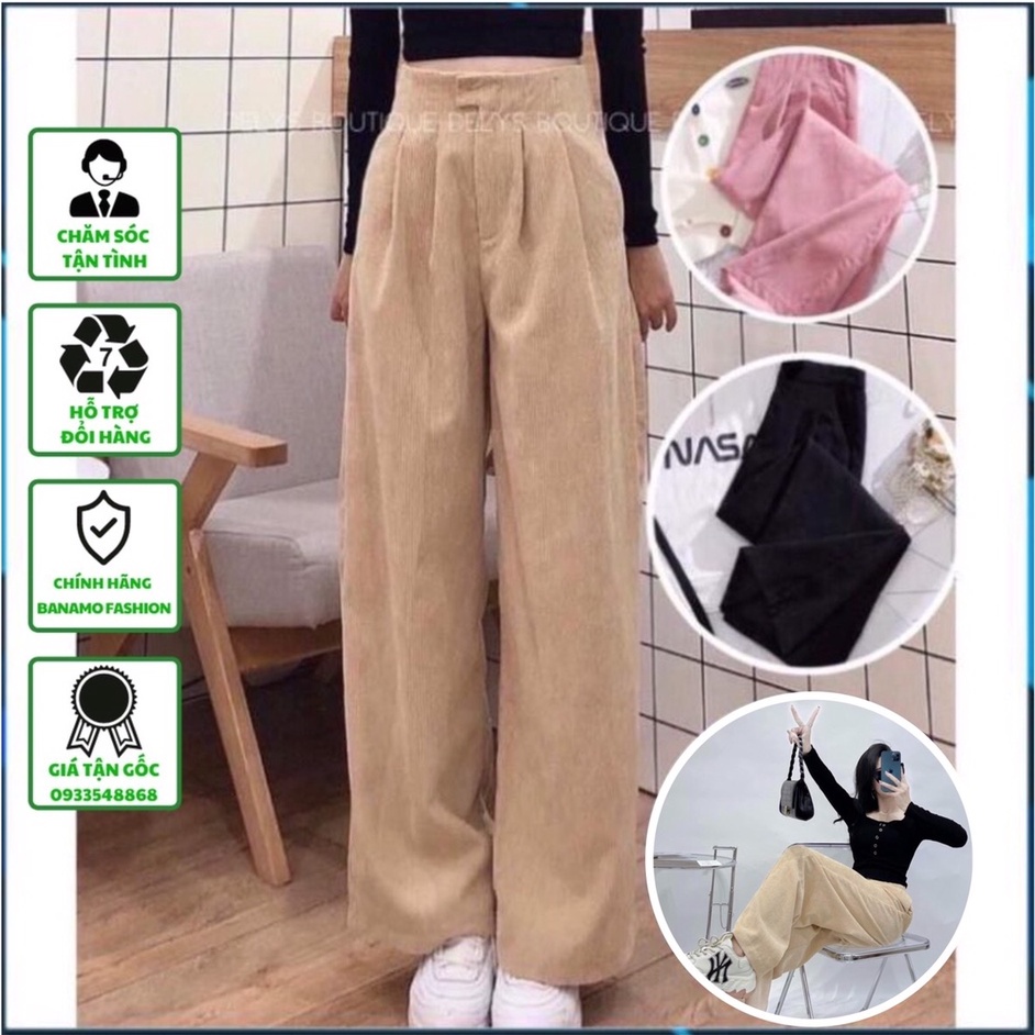 Quần ống rộng nữ suông dài cạp cao tôn dáng khóa trước chất nhung tăm dài thời trang Banamo Fashion sớ nhung khóa 952