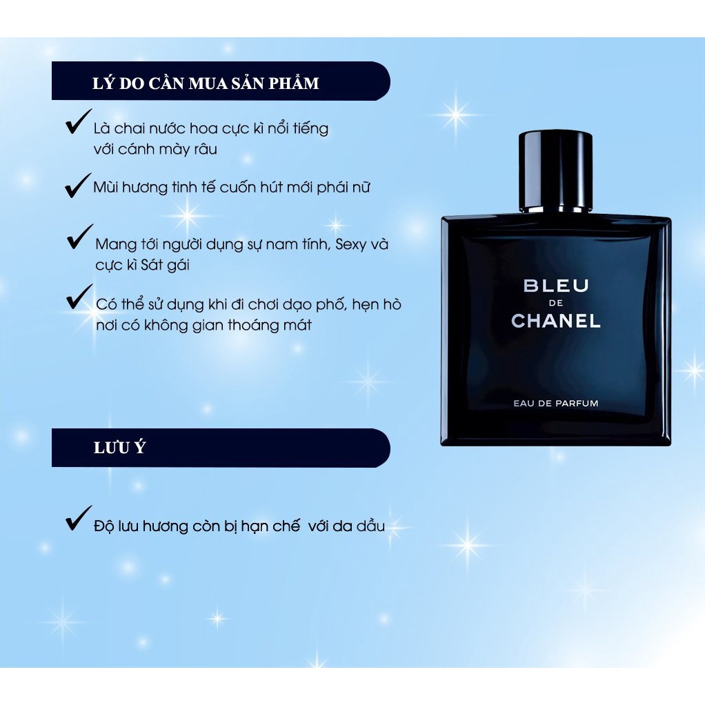 Nước hoa nam Bleu de Chanel Phong Cách Lịch Lãm 100ml - Dầu thơm nam tính nồng độ EDP hương thơm quyến rũ