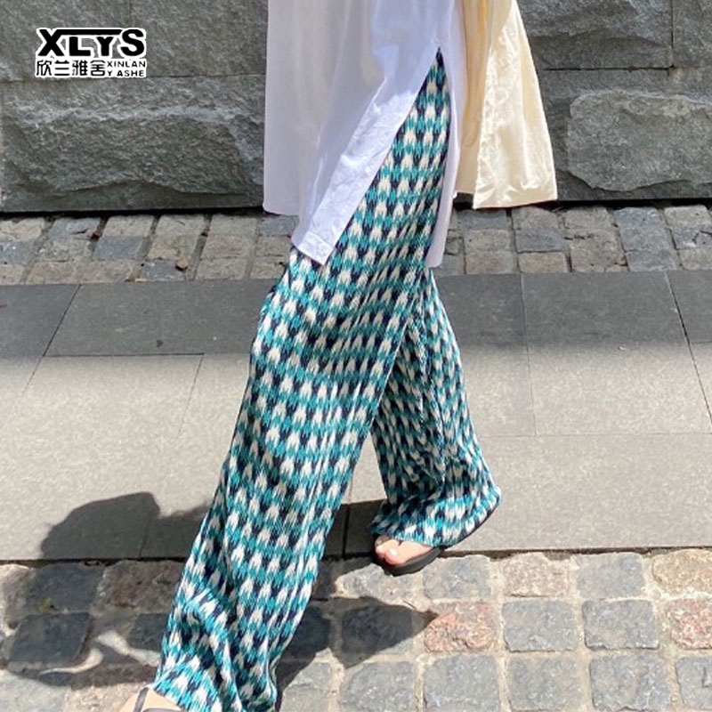 Quần dài XINLANYASHE lưng cao ống rộng họa tiết sọc caro thiết kế mỏng năng động thời trang cho nữ