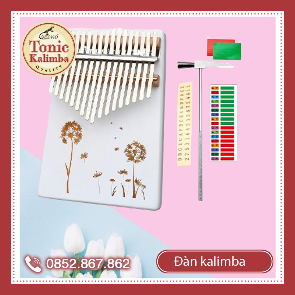 Đàn kalimba 17 phím nguyên khối hoa bồ công anh tặng búa chỉnh âm, giấy dán đàn kalimba IME-027