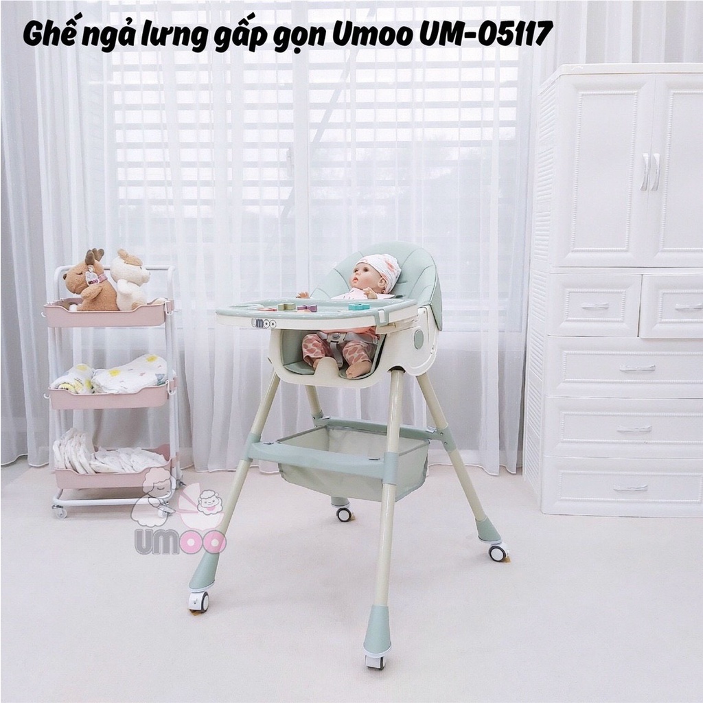 Ghế ăn dặm cho bé ngả lưng, gấp gọn có bánh xe UMOO UM 05145 mới nhất 2023 bất chấp mọi tư thế ăn của siêu quậy nhí