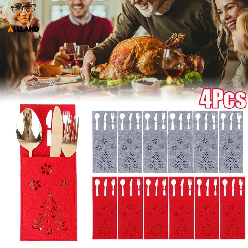 Set 4 Túi Đựng Dao Nĩa Hình Chữ Nhật Bằng Vải Không Dệt Họa Tiết Giáng Sinh / Bông Tuyết Giá Đỡ