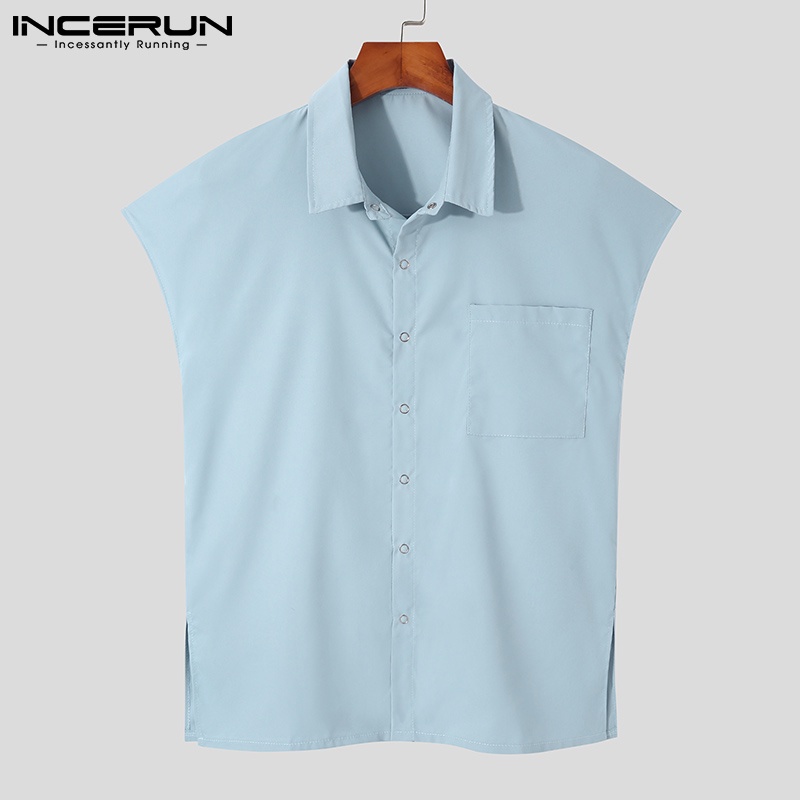 Áo sơ mi INCERUN vải cotton không tay cổ bẻ 3 màu lựa chọn thời trang cho nam