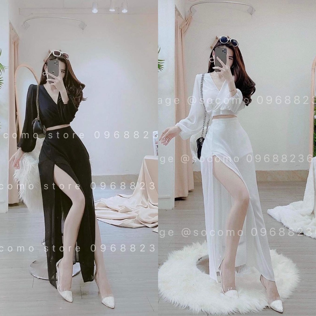 Sét Áo Và Chân Váy Nữ Áo Tay Dài Chéo Ngực Phối Chân Váy Dài Xẻ Tà Sang Chảnh