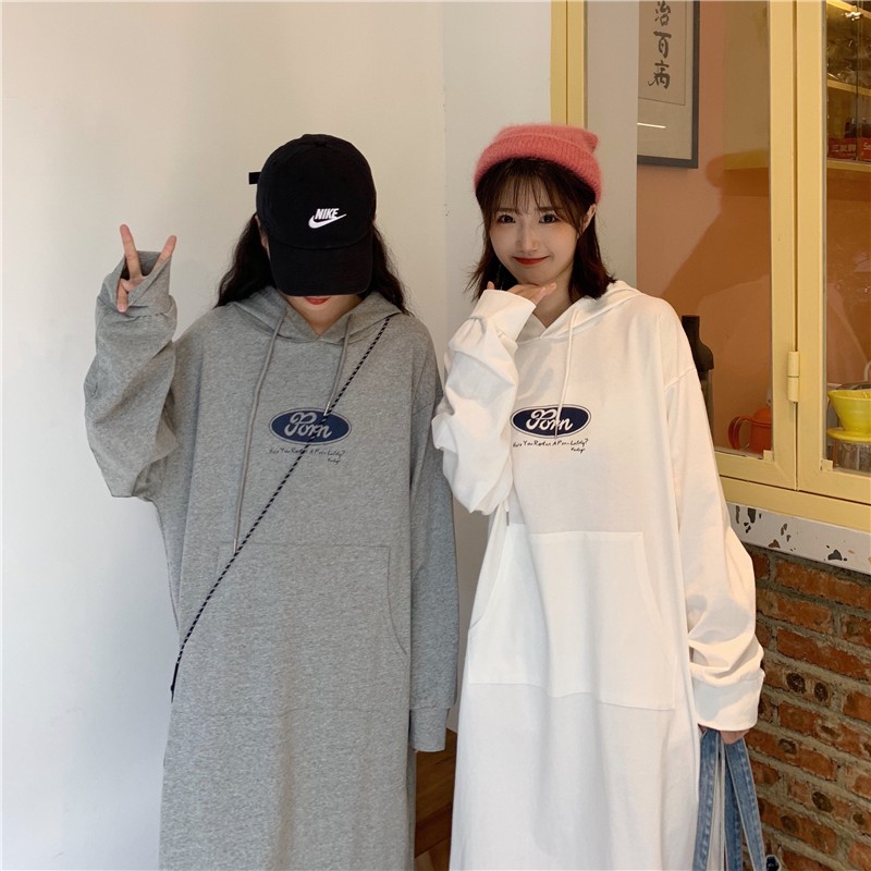 SUXI Đầm hoodie in hình dáng rộng thời trang Hàn Quốc