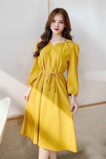 Đầm suông vàng tay dài (kèm hình thật)