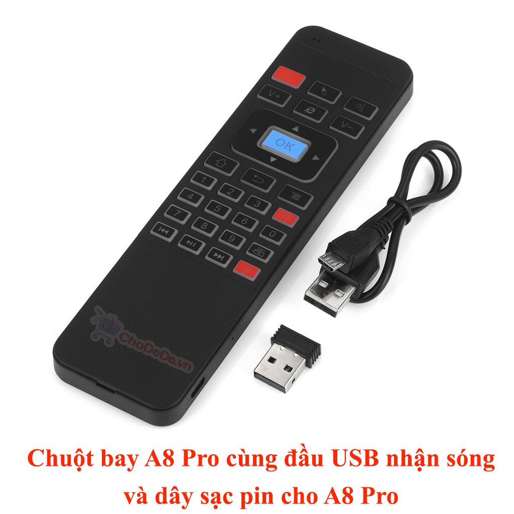 Chuột bay bàn phím A8 Pro có pin sạc và đèn LED sáng vào ban đêm dùng cho Android TV Box, Smart TV, máy tính, laptop