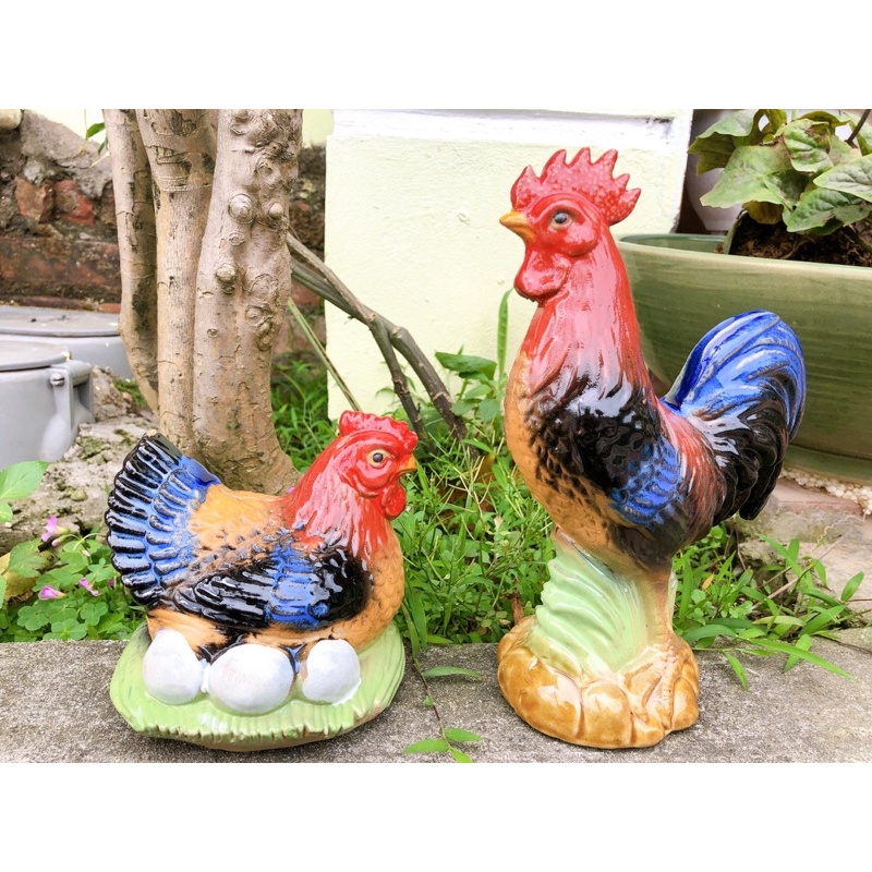 Tiểu cảnh gà trống mái gốm Bát Tràng