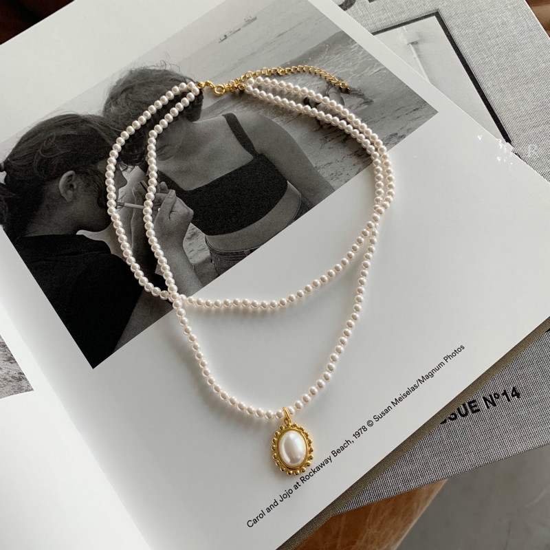 Dây Chuyền Hai Lớp Đính Ngọc Trai Phong Cách Retro