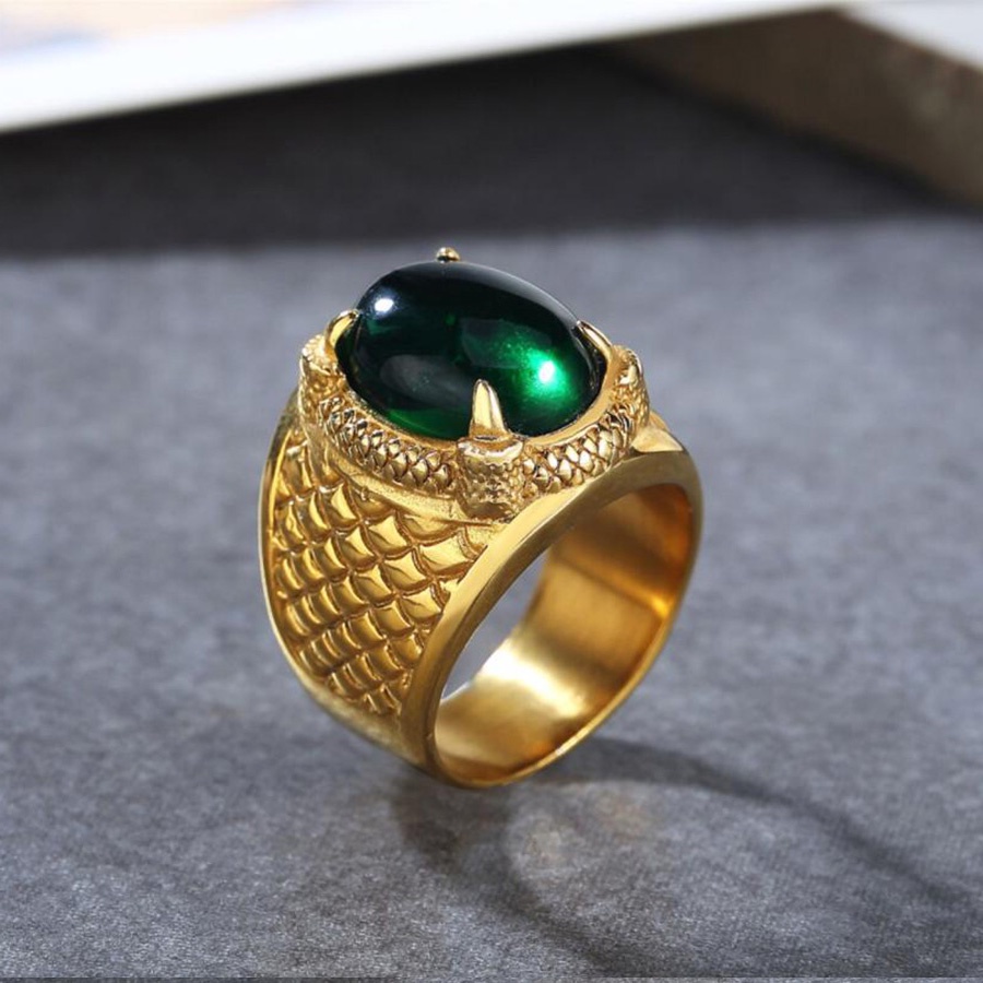 Nhẫn titan đeo tay pha lê màu xanh lá cây đỏ mạ vàng thời trang nam