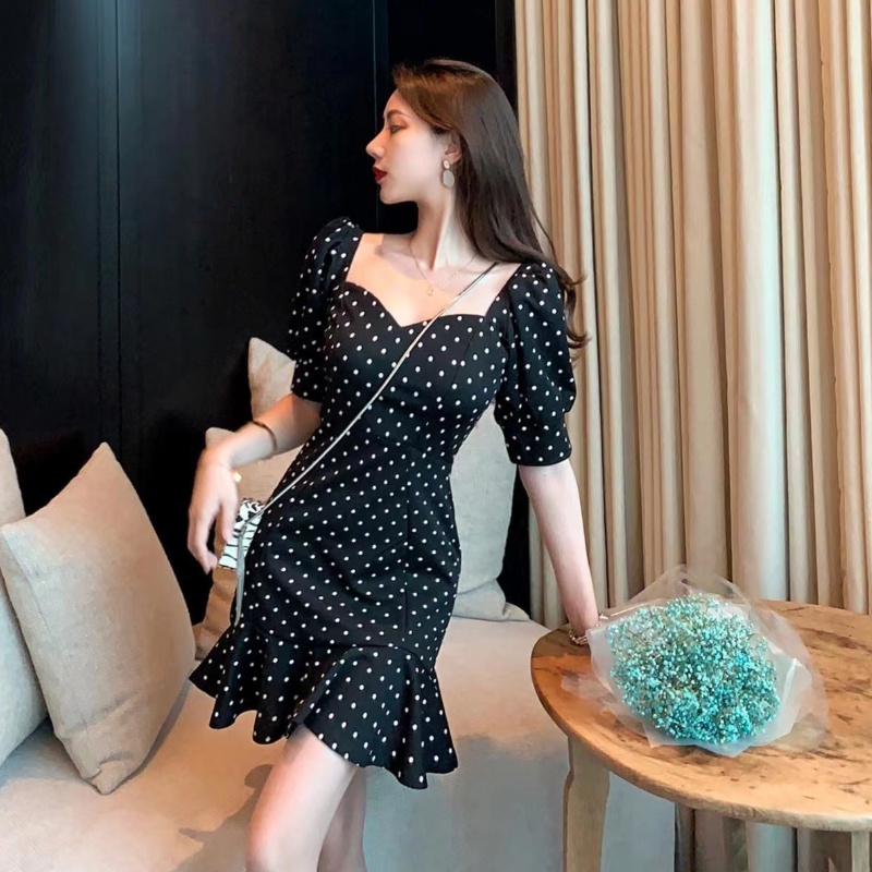 Đầm ôm dáng PERTY họa tiết chấm bi cổ điển phong cách Hàn Quốc cho nữ