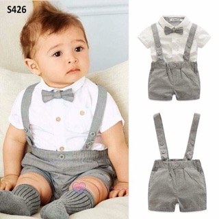 Set yếm đùi sơmi cộc tay phối nơ bé trai siêu sang