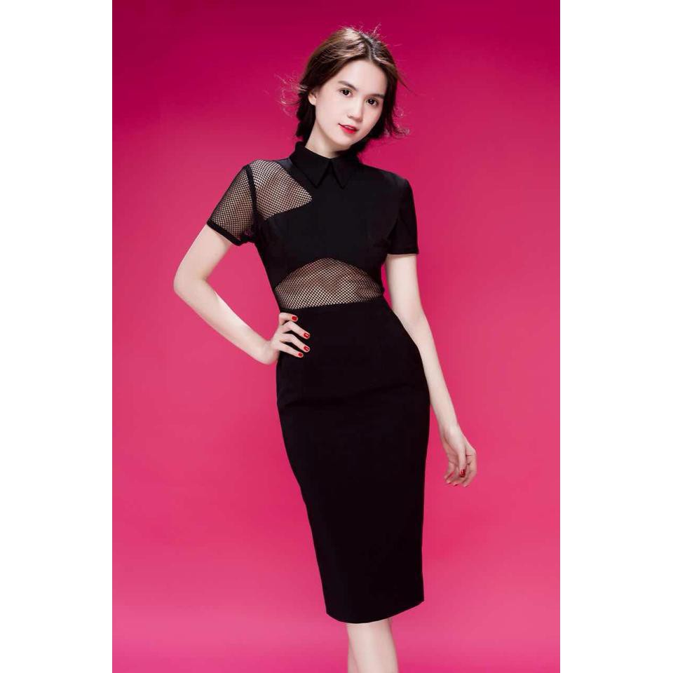 Đầm Ngọc Trinh ôm body cổ sơ mi phối lưới