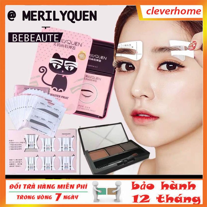 Bộ Khuân kẻ mày Merilyquen + Bút kẻ lông mày 4 in 1 + 48 khuôn dán lông mày khác nhau chuẩn hàn quốc