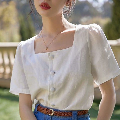 Áo Sơ Mi Cổ Vuông Chất Liệu Cotton Lanh Phong Cách Retro Pháp Thời Trang Mùa Hè Dành Cho Nữ 2022