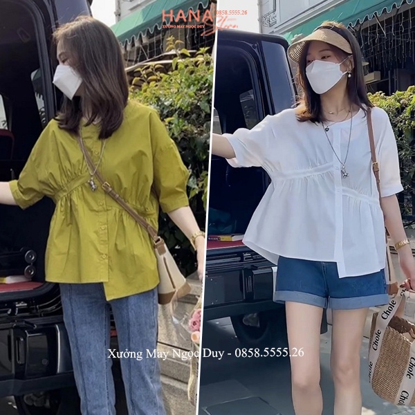 Áo babydoll nữ tay lỡ ngắn form rộng bigsize - Áo sơ mi babydoll trắng tiểu thư tay phồng ngắn lệch tà đi học công sở