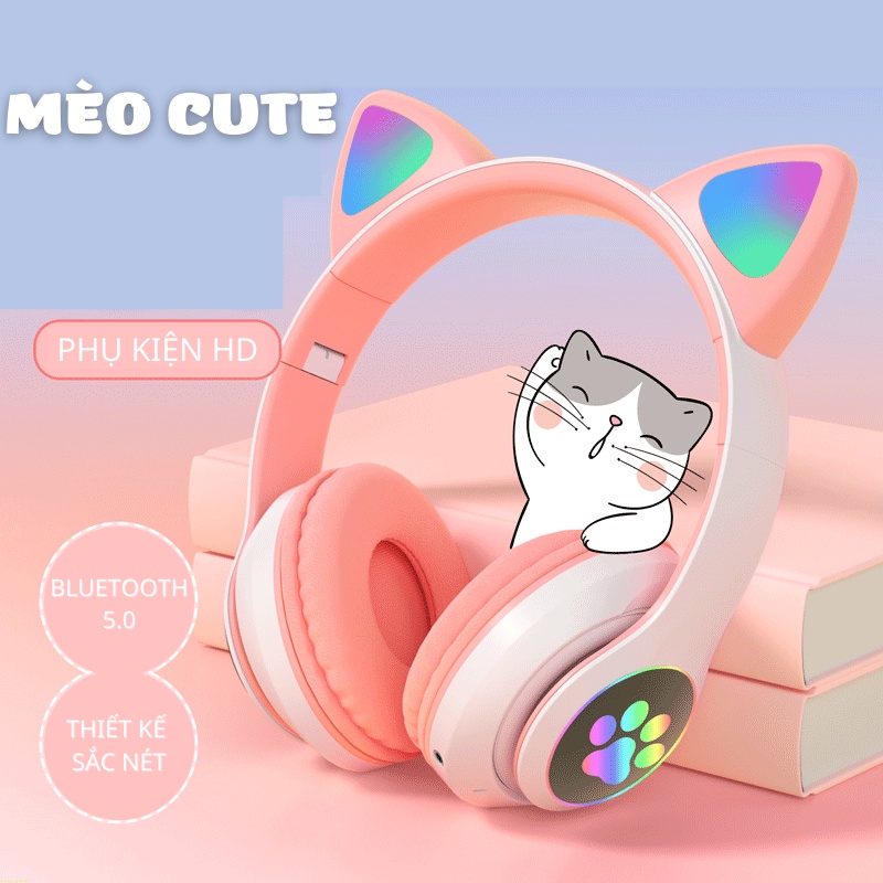 Tai nghe Mèo bluetooth Tai nghe không dây dễ thương có mic, âm thanh cực đỉnh bass mạnh mẽ pin 400mAh