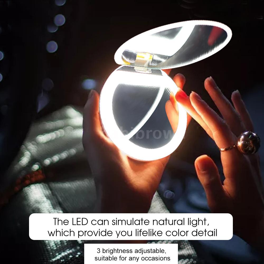 [Hàng mới về] Gương trang điểm mini bỏ túi gắn đèn LED có thể sạc điện hỗ trợ phóng to 1X/3X cầm tay tiện dụng