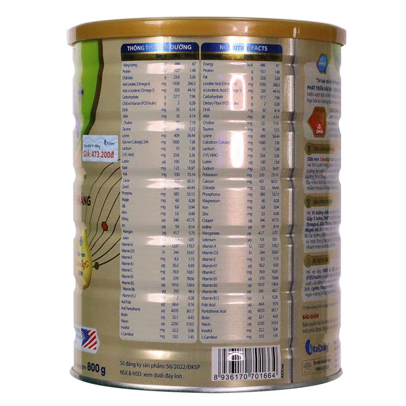 Sữa bột VitaDairy Colos DHA + Số 0+ hộp 800g