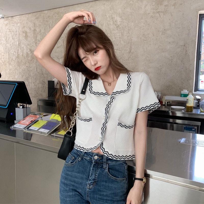 Áo cardigan IELGY dệt kim mỏng tay ngắn dáng rộng thời trang Hàn Quốc dành cho nữ