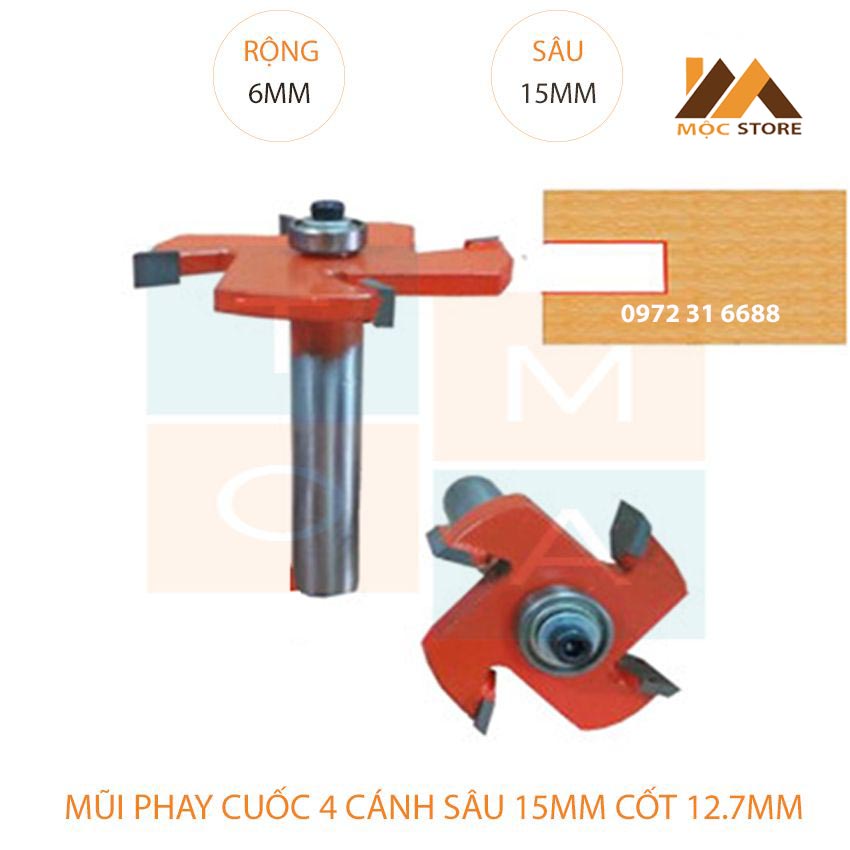 MŨI SOI GỖ - MŨI CUỐC GỖ 4 CÁNH RỘNG 6MM SÂU 15 MM - MŨI PHAY RÃNH ĐẦU BI
