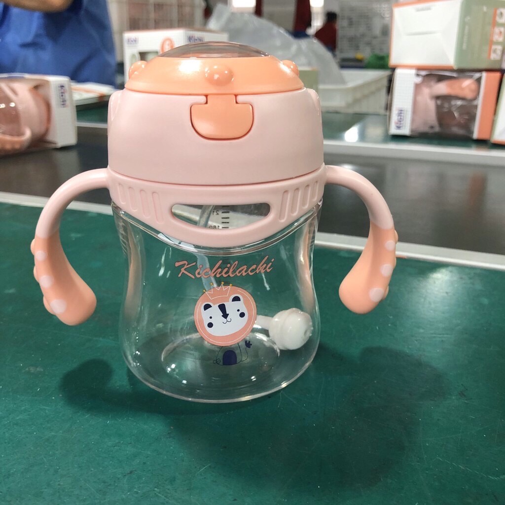 Bình tập uống nước Kichilachi Tritan 300ml có ống hút chống sặc cho bé từ 6 tháng